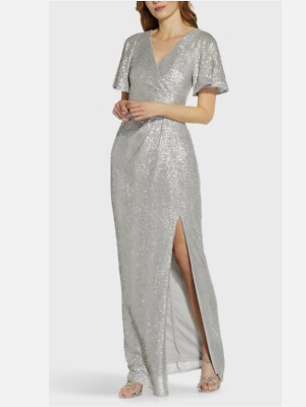 Adrianna Papell Silver Sequin V-Neck Maxi Gown with Front Slit